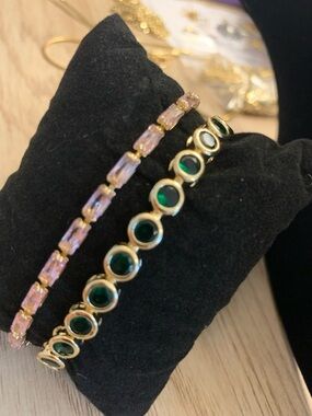 Gold-Tone Green Stone and Pink CZ Bracelet Set